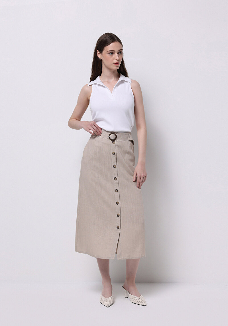 Afișați detalii pentru Fustă Bej Midi Cu Nasturi Plati Pentru Femei