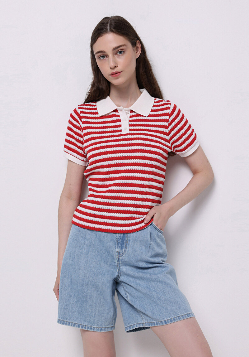 Imagine a Slim Fit Polo Collar Striped Tricou Roșu Cu Mânecă Scurtă Pentru Femei