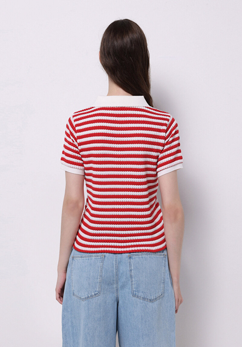 Imagine a Slim Fit Polo Collar Striped Tricou Roșu Cu Mânecă Scurtă Pentru Femei