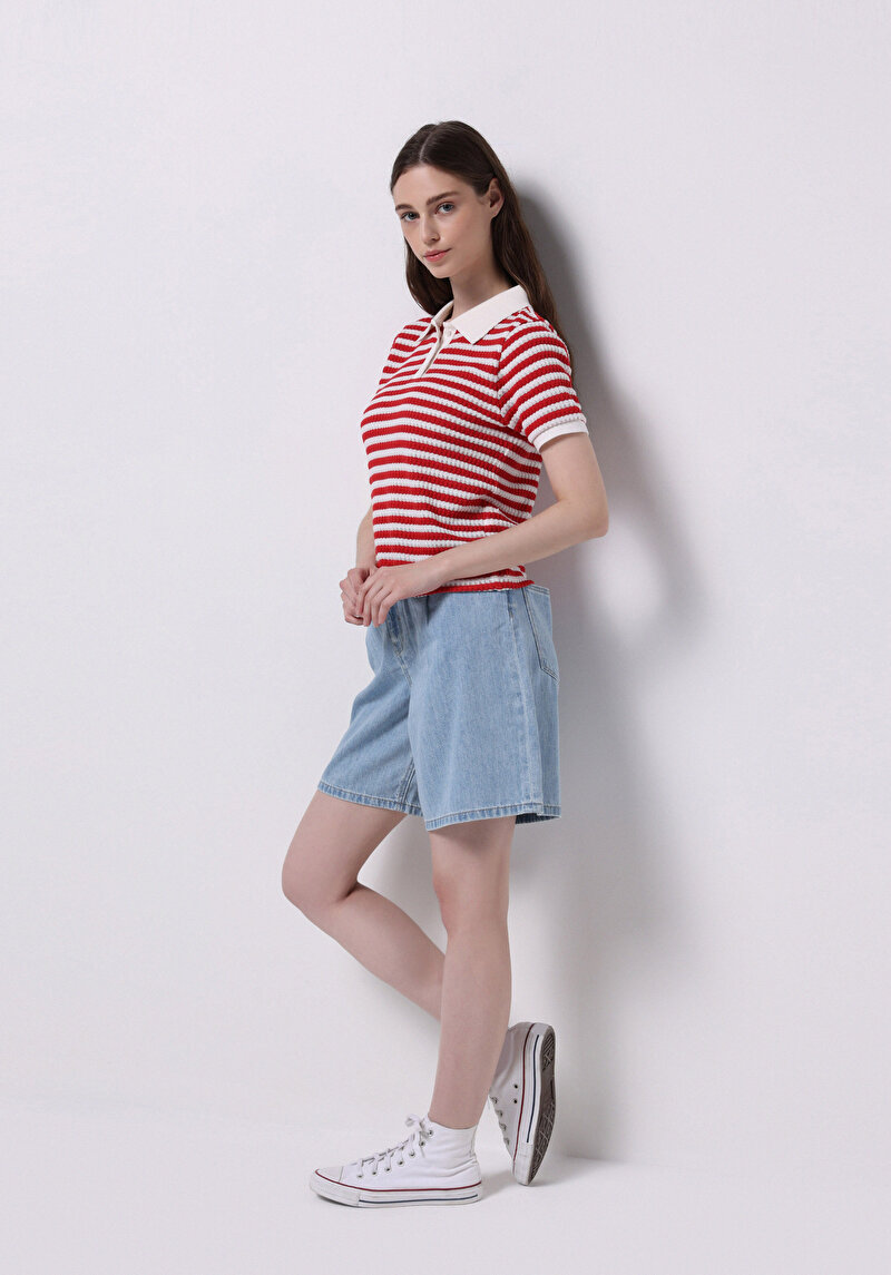 Imagine a Slim Fit Polo Collar Striped Tricou Roșu Cu Mânecă Scurtă Pentru Femei