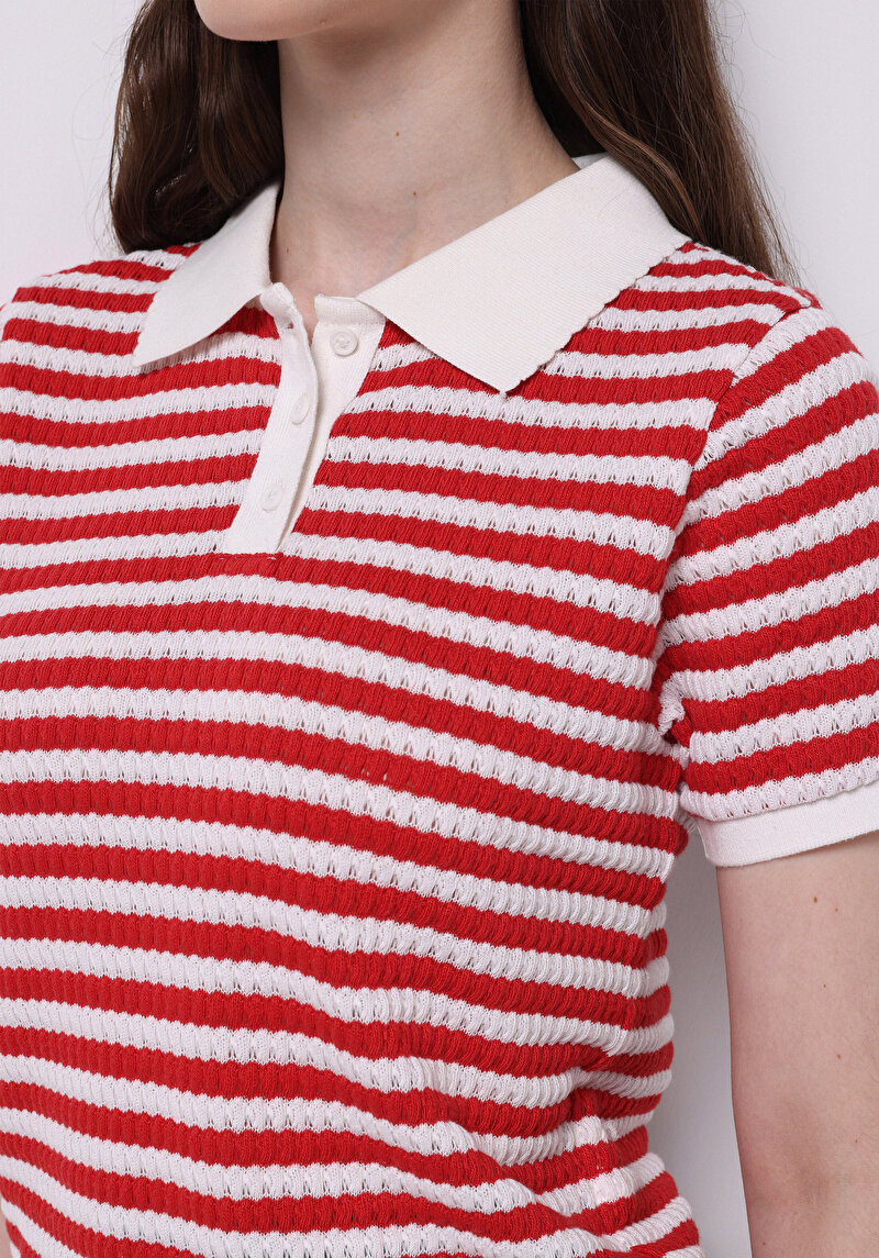 Imagine a Slim Fit Polo Collar Striped Tricou Roșu Cu Mânecă Scurtă Pentru Femei
