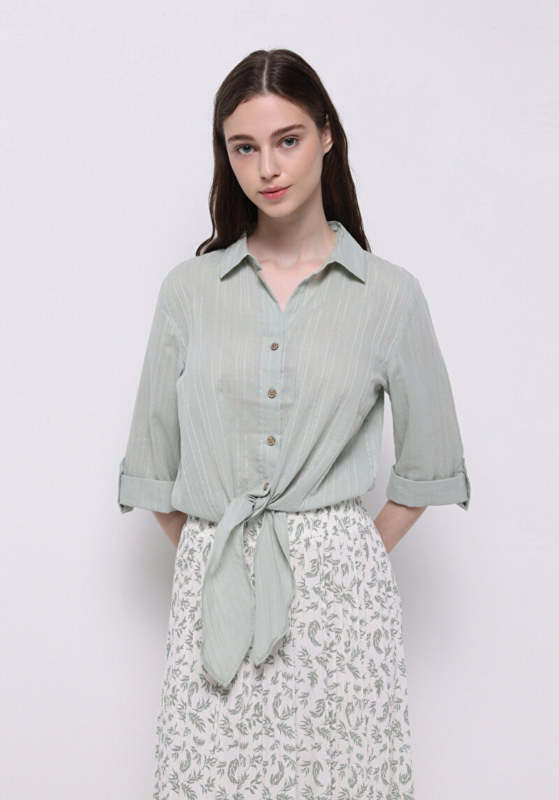 Imagine a Cămașă Regular Fit Neck Drept Cămașă Verde Roll-Up Pentru Femei