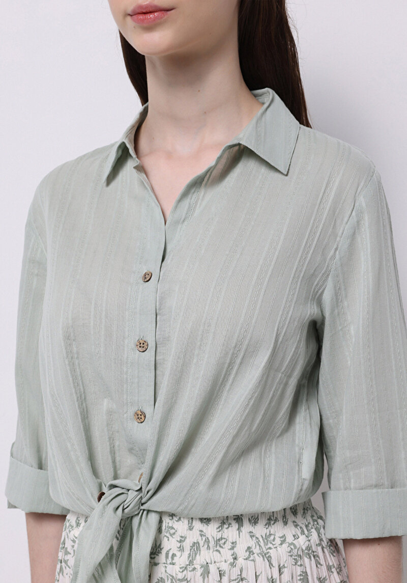 Afișați detalii pentru Cămașă Regular Fit Neck Drept Cămașă Verde Roll-Up Pentru Femei