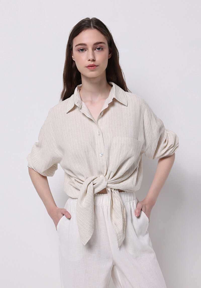 Imagine a Cămașă Cu Dungi Cu Dungi Cămașă Cu Mânecă Lungă Bej Pentru Femei