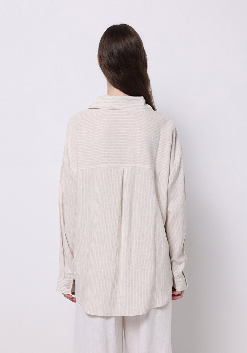 Afișați detalii pentru Cămașă Cu Dungi Cu Dungi Cămașă Cu Mânecă Lungă Bej Pentru Femei