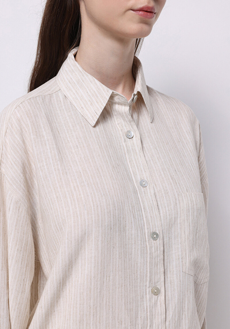 Afișați detalii pentru Cămașă Cu Dungi Cu Dungi Cămașă Cu Mânecă Lungă Bej Pentru Femei