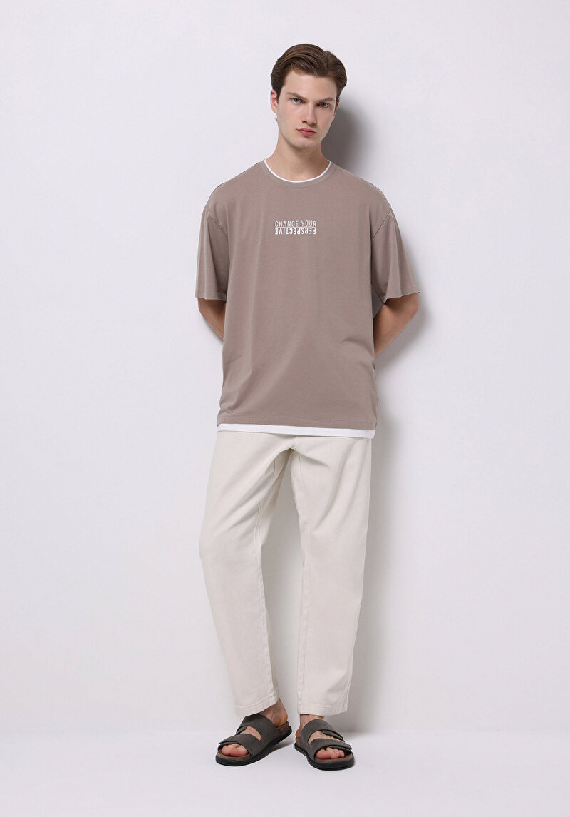 Imagine a Tricou Cu Maneca Scurta De Barbati Bej Oversize Fit  Cl1073989