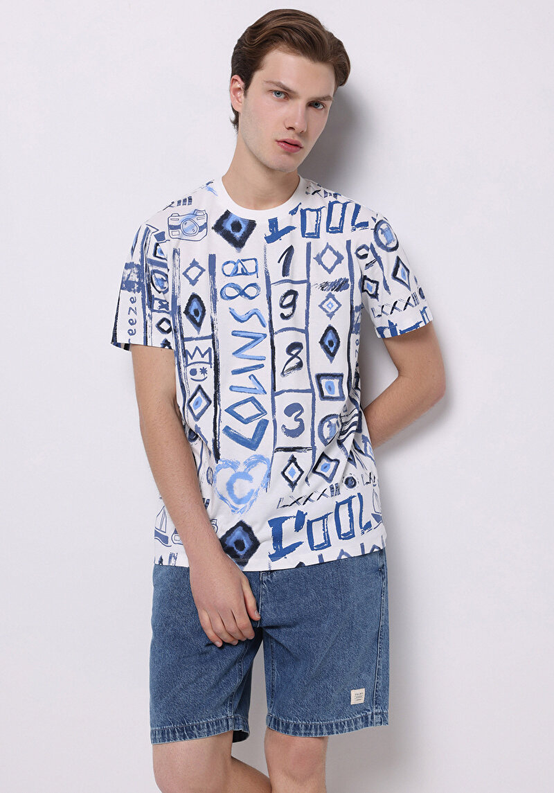 Imagine a Regular Fit Round Neck Printed Tricou Albastru Cu Mânecă Scurtă Pentru Bărbați