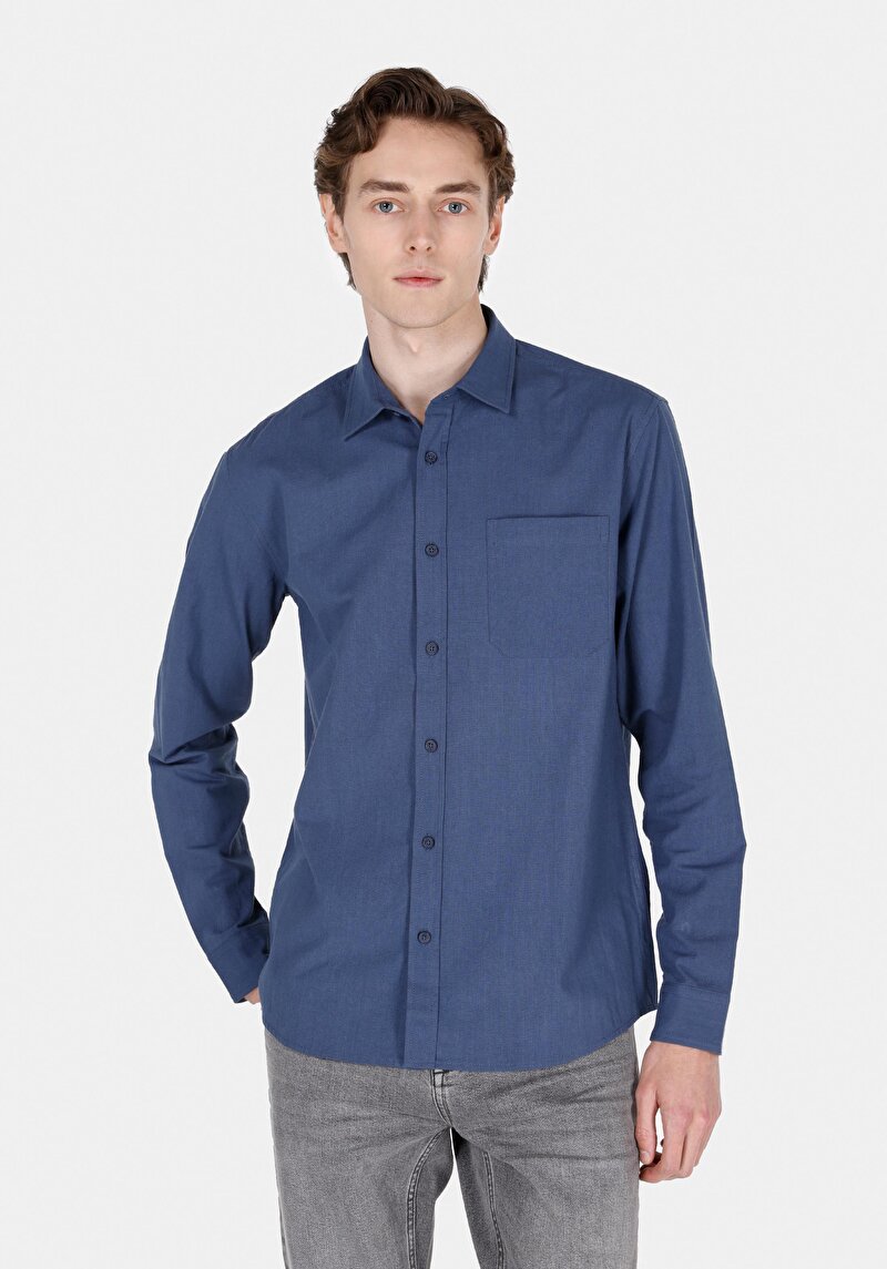 Imagine a Regular Fit Cămașă Gât Drept Bărbați Bleumarin Cămașă Cu Mânecă Lungă