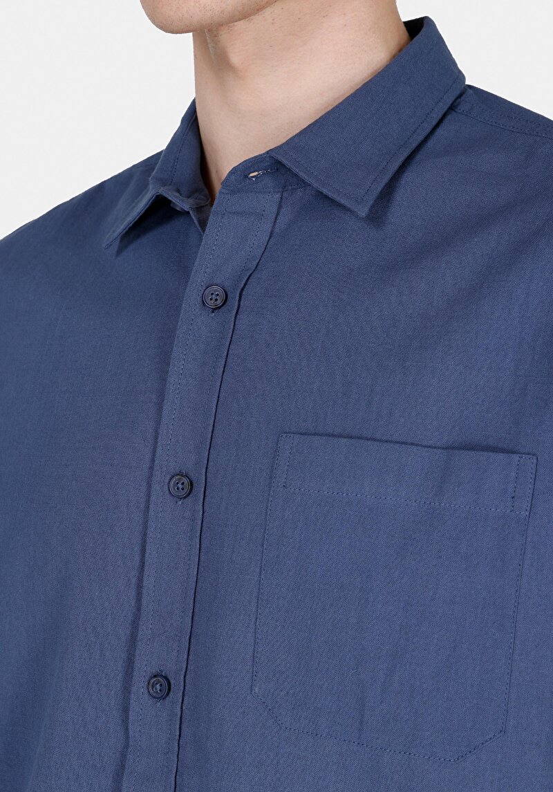 Imagine a Regular Fit Cămașă Gât Drept Bărbați Bleumarin Cămașă Cu Mânecă Lungă