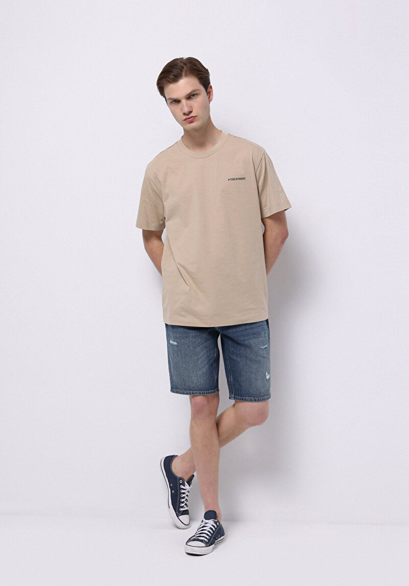 Imagine a Comfort Fit Round Neck Drept Bărbați Bej Tricou Cu Mânecă Scurtă