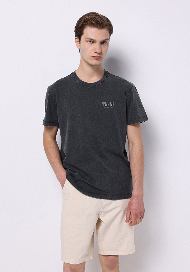 Imagine a Regular Fit Round Neck Drept Bărbați Antracit Tricou Cu Mânecă Scurtă