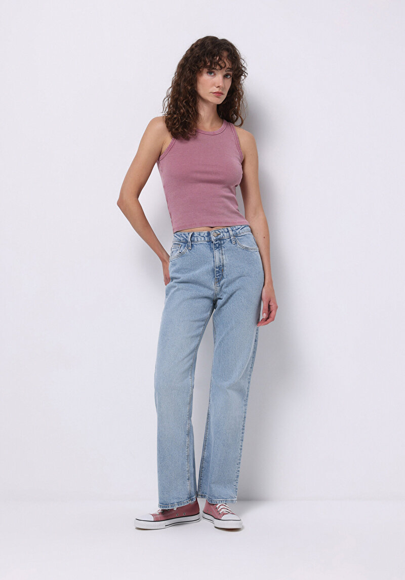 Imagine a Regular Fit Talie Medie Picior Larg Blugi İndigo Pentru Femei