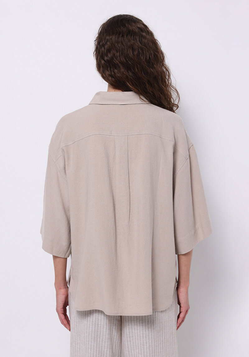 Afișați detalii pentru Cămașă Cu Croială Relaxată Drept Bej Pentru Femei Cămașă Cu Mânecă 3/4