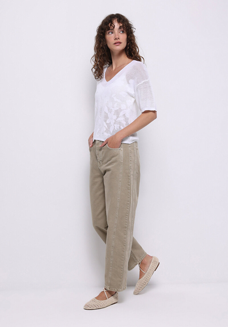 Afișați detalii pentru Regular Fit V-Neck Floral Pulover Alb Cu Mânecă Scurtă Pentru Femei