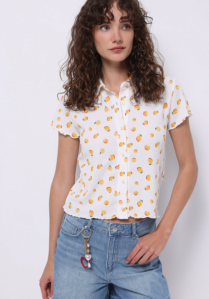 Imagine a Cămașă Slim Fit Imprimat Tricou Cu Mânecă Scurtă Ecru Pentru Femei