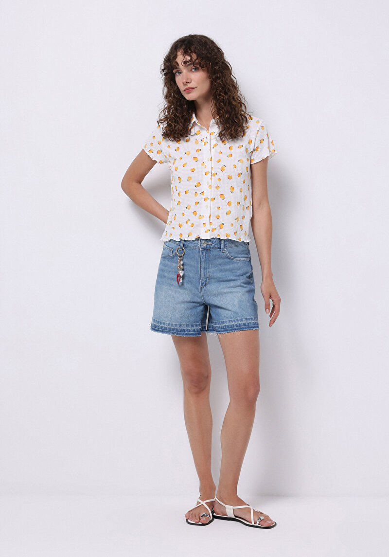 Imagine a Cămașă Slim Fit Imprimat Tricou Cu Mânecă Scurtă Ecru Pentru Femei