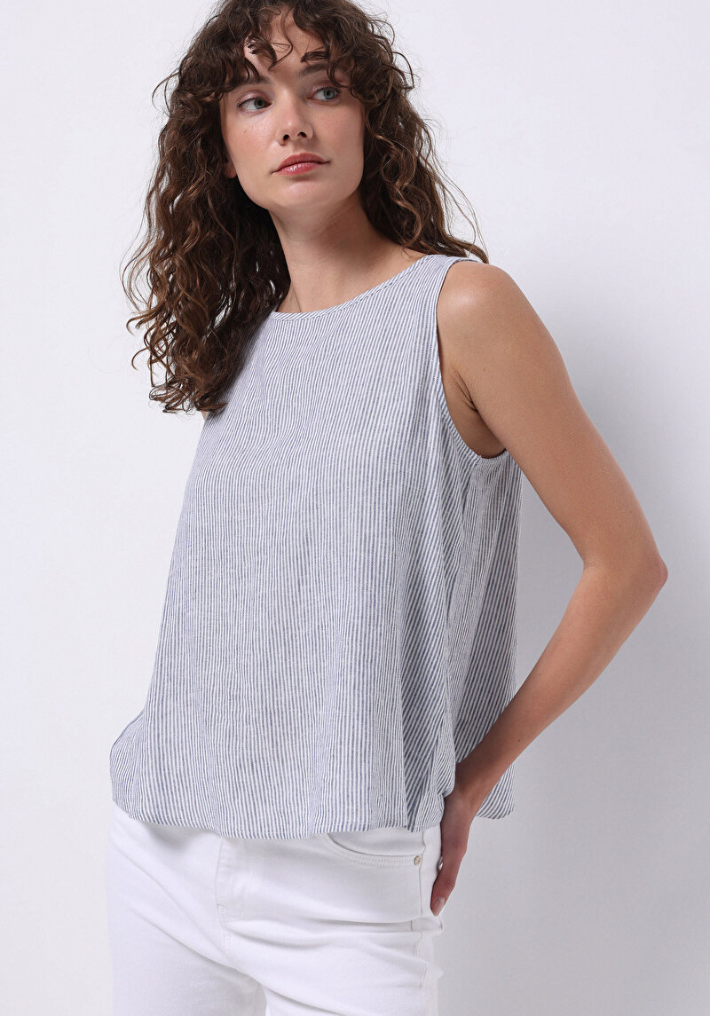 Imagine a Regular Fit Cămașă Albastră Fără Mâneci Cu Guler Rotund Cu Dungi Pentru Femei