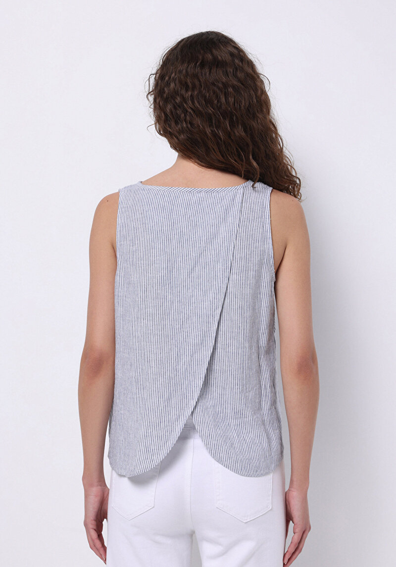 Imagine a Regular Fit Cămașă Albastră Fără Mâneci Cu Guler Rotund Cu Dungi Pentru Femei