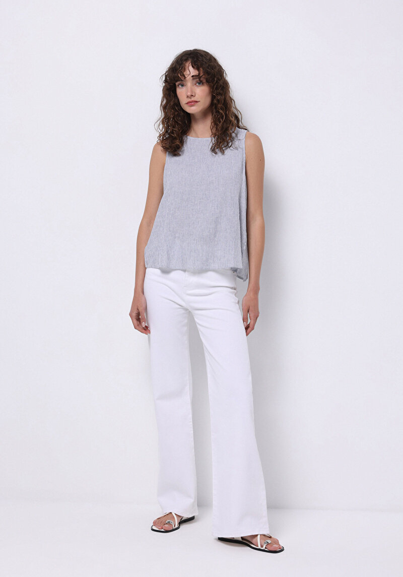 Imagine a Regular Fit Cămașă Albastră Fără Mâneci Cu Guler Rotund Cu Dungi Pentru Femei