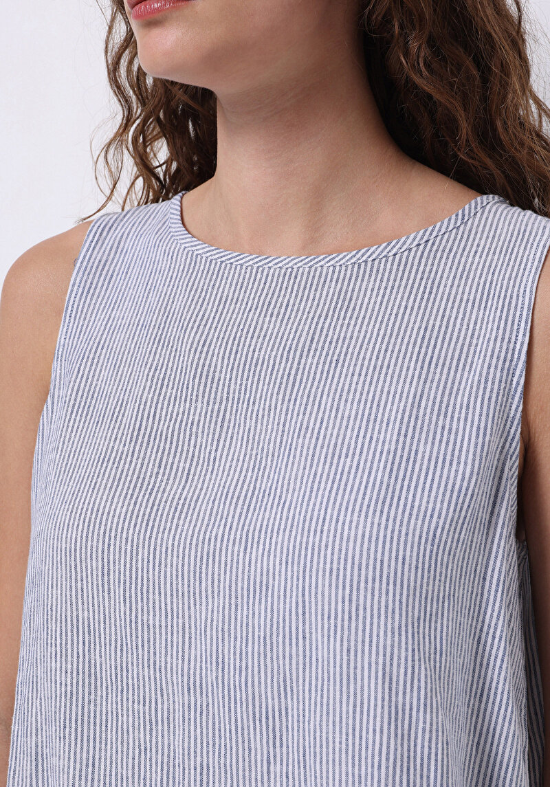 Imagine a Regular Fit Cămașă Albastră Fără Mâneci Cu Guler Rotund Cu Dungi Pentru Femei