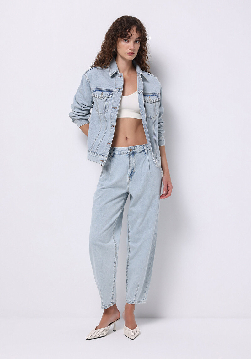 Imagine a Pantaloni De Dama Albastru Barrel Fit Bumbac Cl1074898