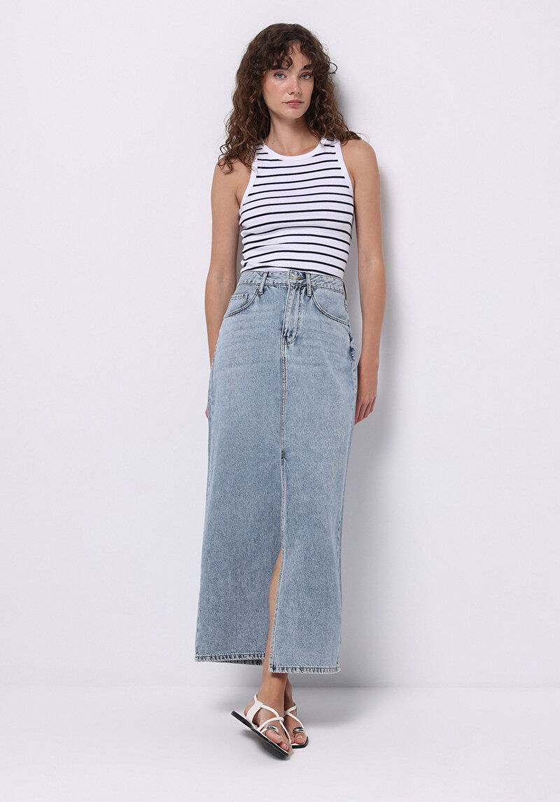 Imagine a Slim Fit Drept Fermoar Fustă Albastru Deschis Pentru Femei