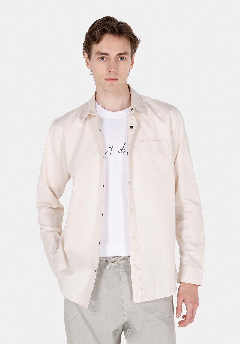 Imagine a Cămașă Cu Gât Drept Cămașă Cu Mânecă Lungă Ecru Pentru Bărbați