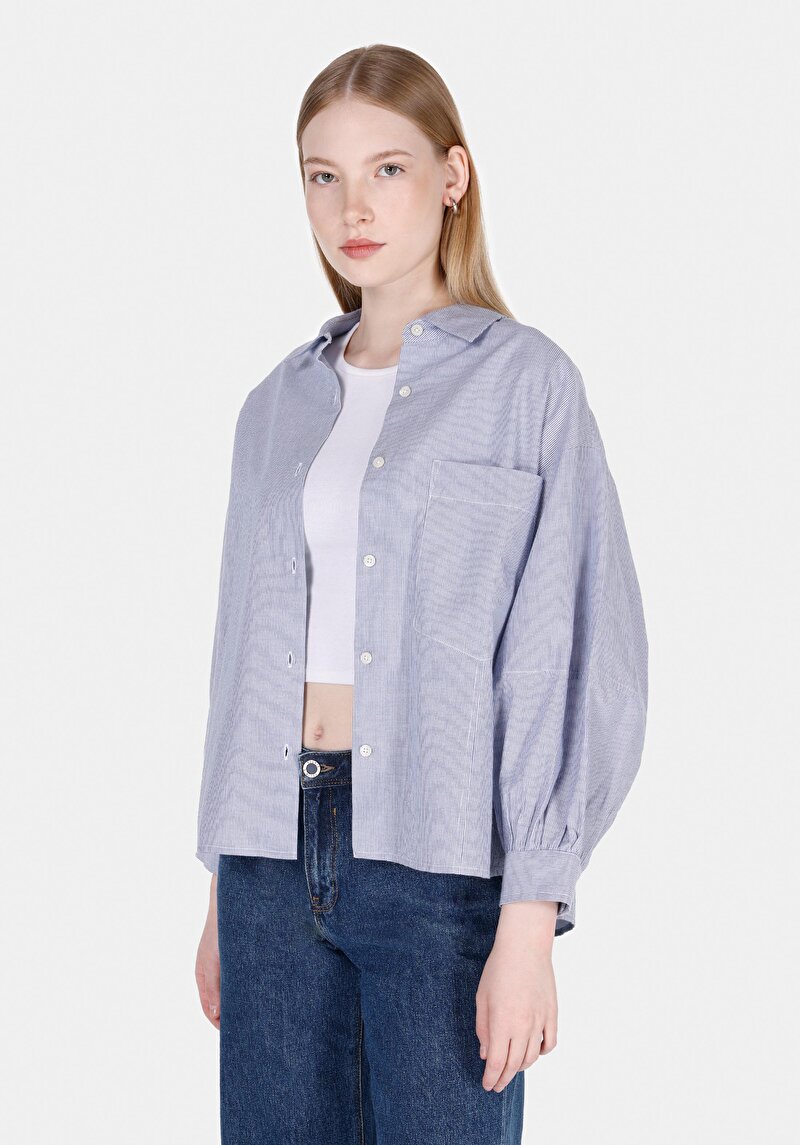 Imagine a Cămașă Relaxată Cu Dungi Cămașă Albastră Cu Mânecă 3/4 Pentru Femei