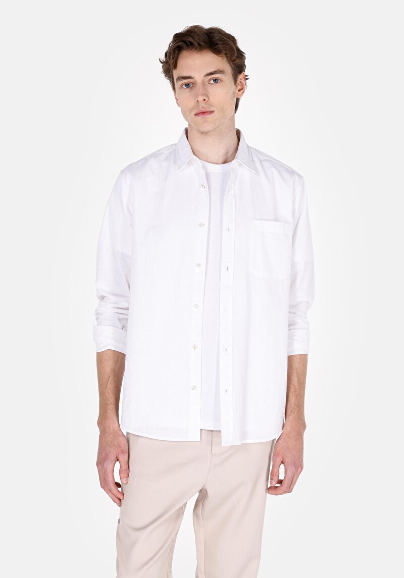Imagine a Cămașă Regular Fit Gât Drept Bărbați Alb Cămașă Cu Manșon Lung