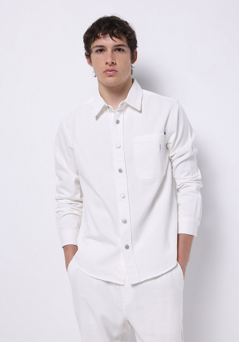 Imagine a Regular Fit Classic Collar Drept Cămașă Cu Mânecă Lungă Bej Pentru Bărbați