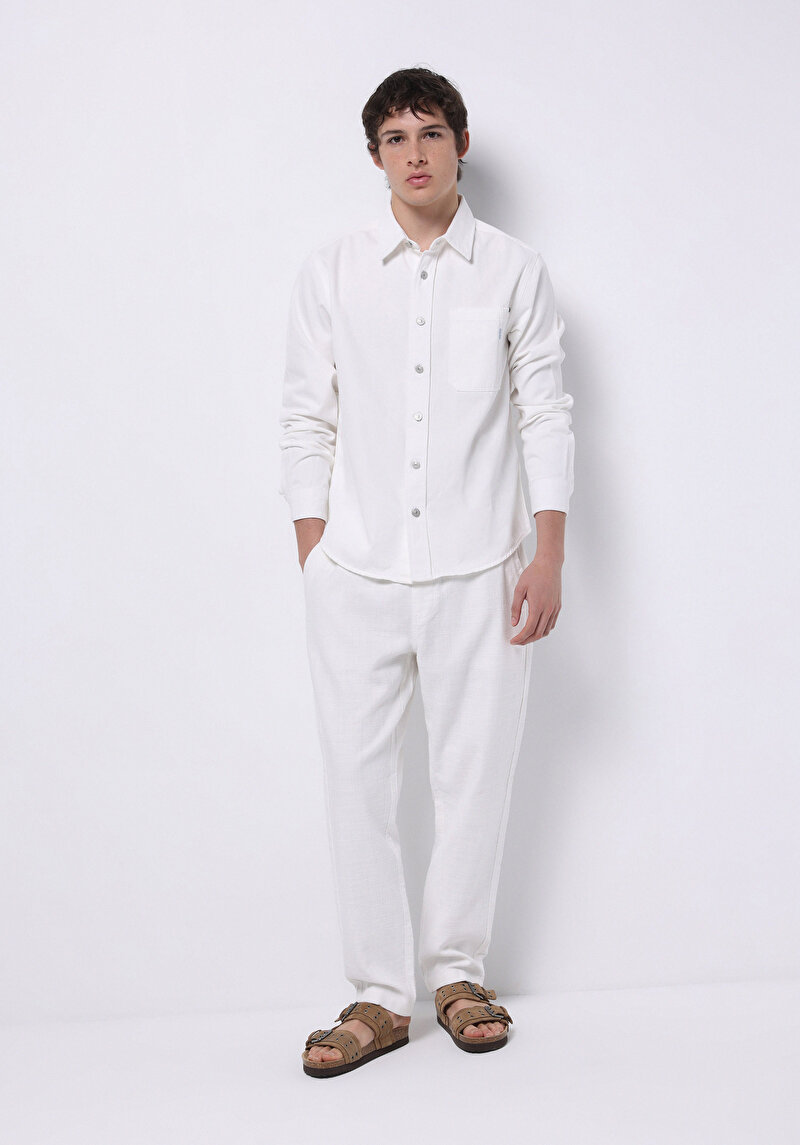 Imagine a Regular Fit Classic Collar Drept Cămașă Cu Mânecă Lungă Bej Pentru Bărbați