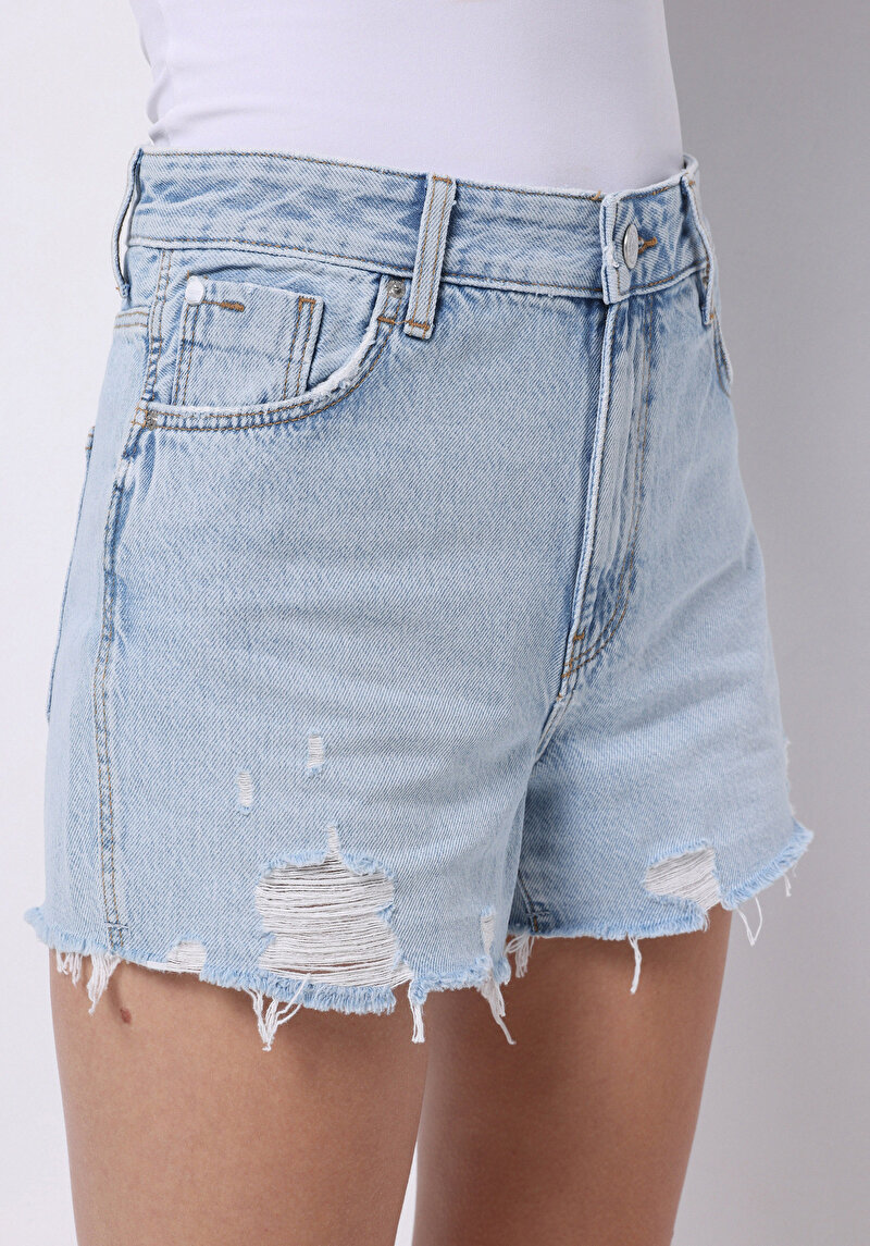 Afișați detalii pentru Mom Fit Rose Waist Straight Pantaloni Scurți De Jean İndigo Pentru Femei