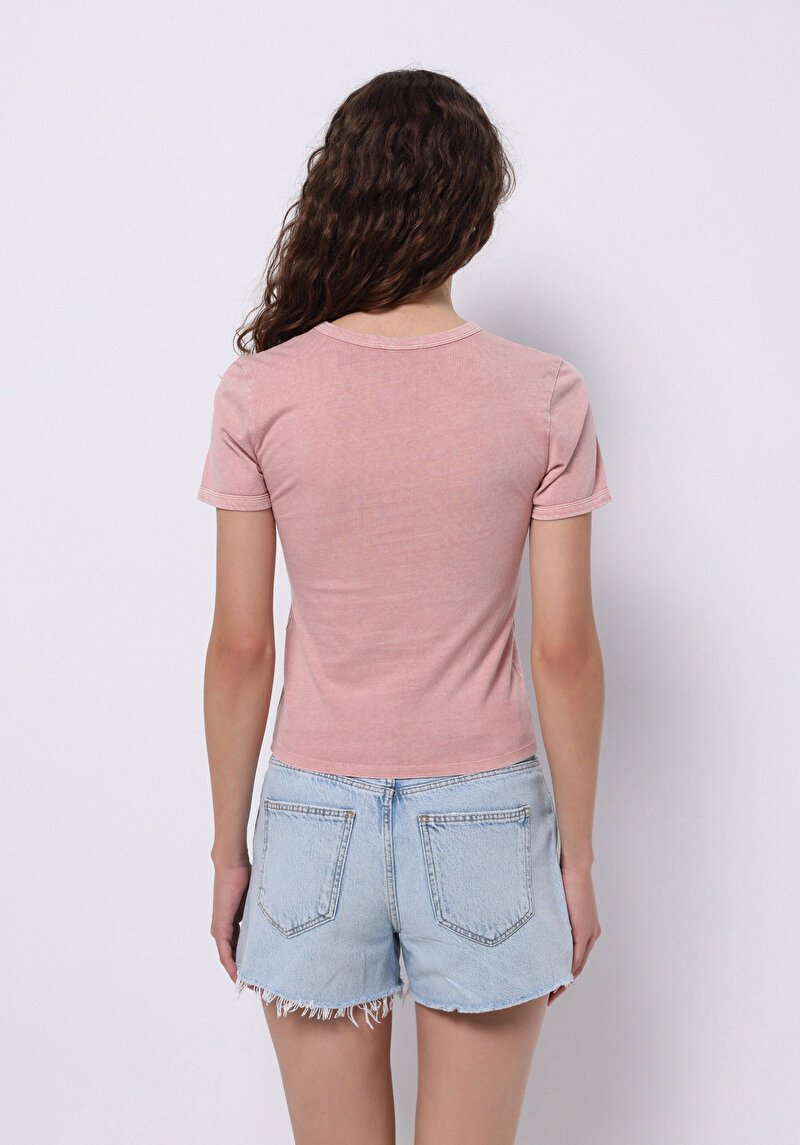 Imagine a Slim Fit Round Neck Imprimat Tricou Cu Mânecă Scurtă Roz Pentru Femei