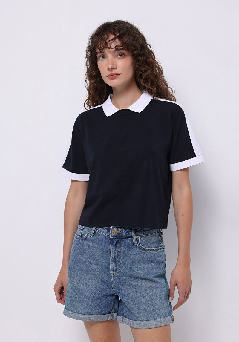 Imagine a Regular Fit Polo Neck Drept Pentru Femei Bleumarin Tricou Cu Mânecă Scurtă