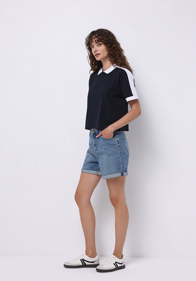 Imagine a Regular Fit Polo Neck Drept Pentru Femei Bleumarin Tricou Cu Mânecă Scurtă