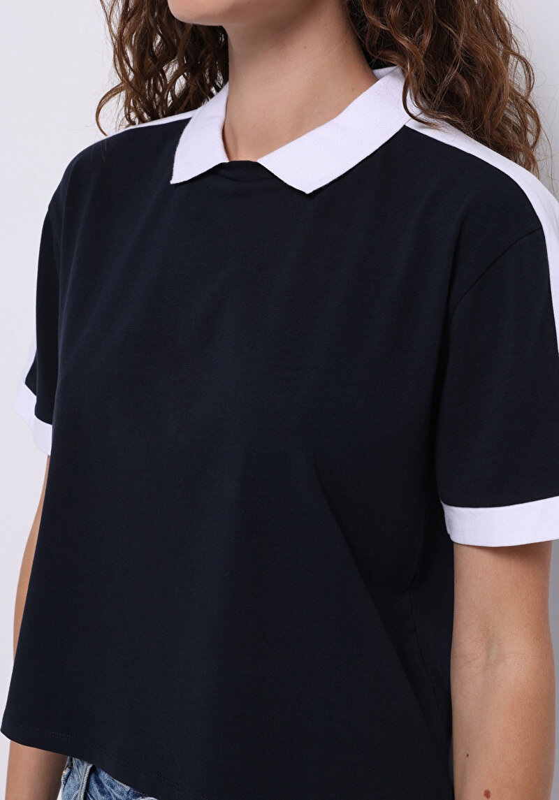 Afișați detalii pentru Regular Fit Polo Neck Drept Pentru Femei Bleumarin Tricou Cu Mânecă Scurtă