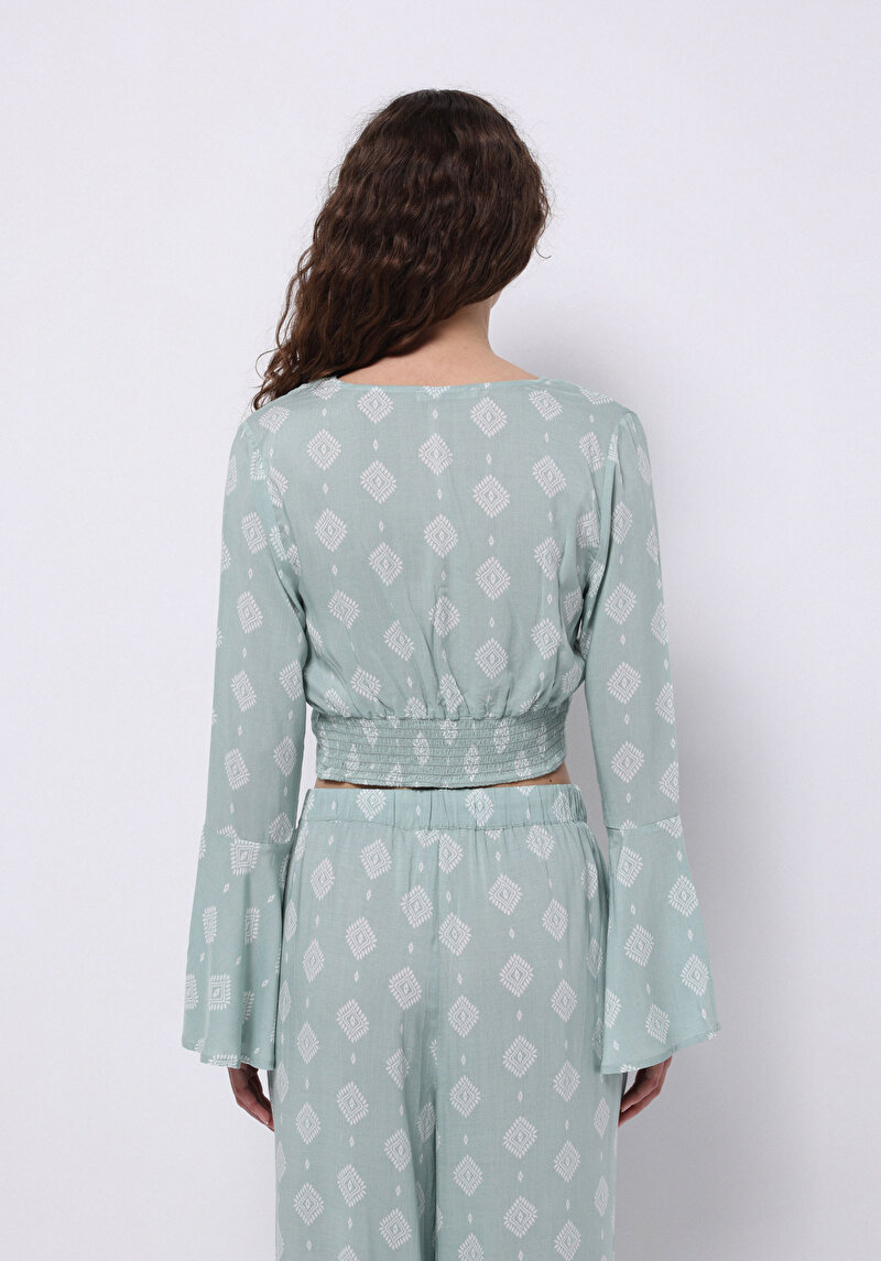 Imagine a Slim Fit Cămașă Verde Cu Mânecă Lungă Pentru Femei Cu Decolteu În V İmprimat