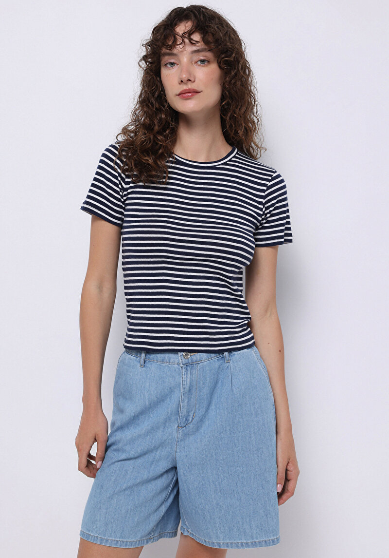 Imagine a Slim Fit Round Neck Striped Tricou Cu Mânecă Scurtă Pentru Femei Bleumarin