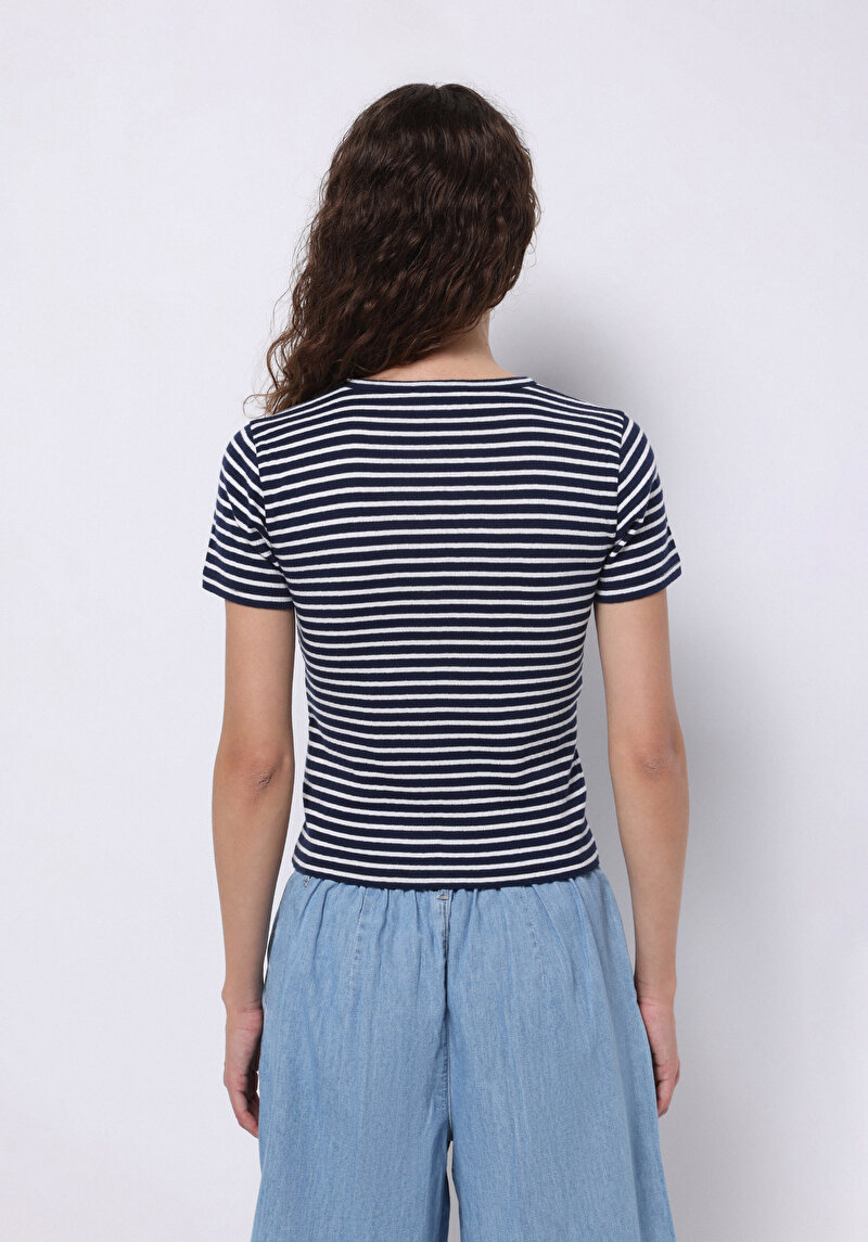 Imagine a Slim Fit Round Neck Striped Tricou Cu Mânecă Scurtă Pentru Femei Bleumarin