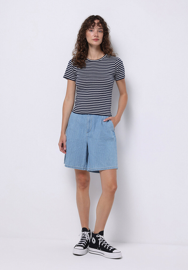 Imagine a Slim Fit Round Neck Striped Tricou Cu Mânecă Scurtă Pentru Femei Bleumarin