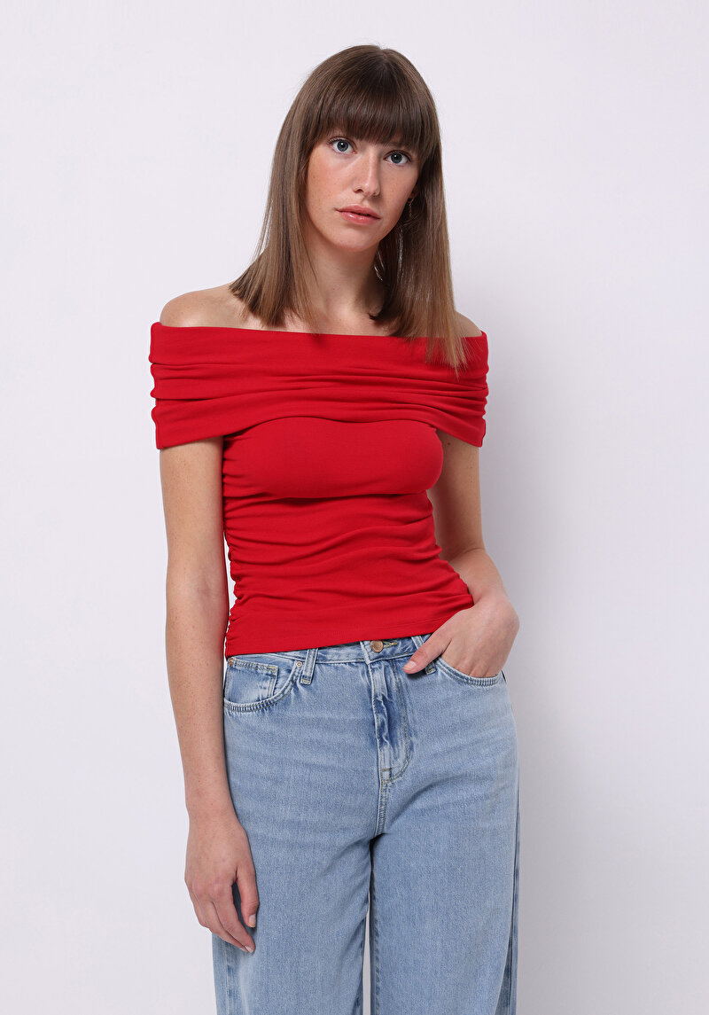 Imagine a Slim Fit Boat Collar Drept Tricou Roșu Fără Manșon Pentru Femei