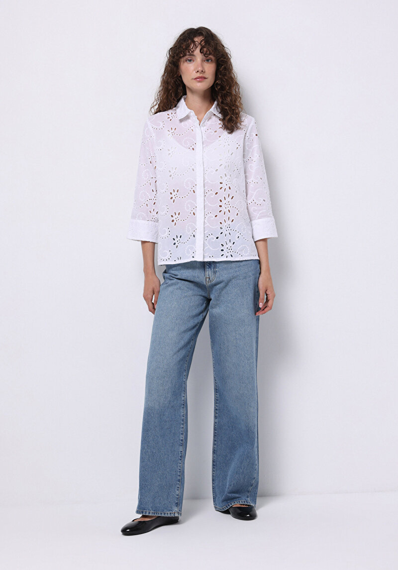 Afișați detalii pentru Cămașă Regular Fit Gât Brodat Cămașă Albă Cu Mânecă Lungă Pentru Femei