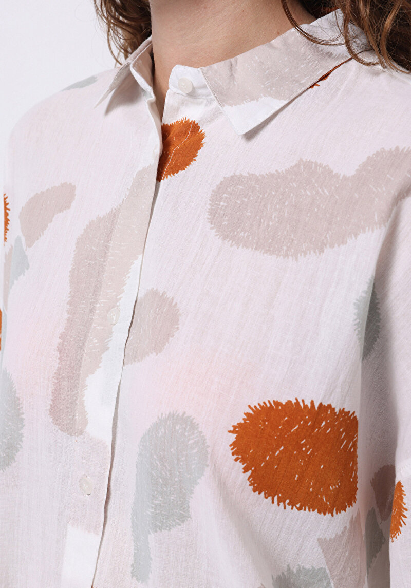 Afișați detalii pentru Cămașă Relaxată Cu Gât İmprimat Cămașă Cu Mânecă Lungă Multicoloră Pentru Femei