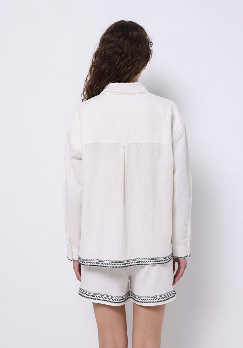 Afișați detalii pentru Cămașă Regular Fit Gât Brodat Cămașă Albă Cu Mânecă Lungă Pentru Femei