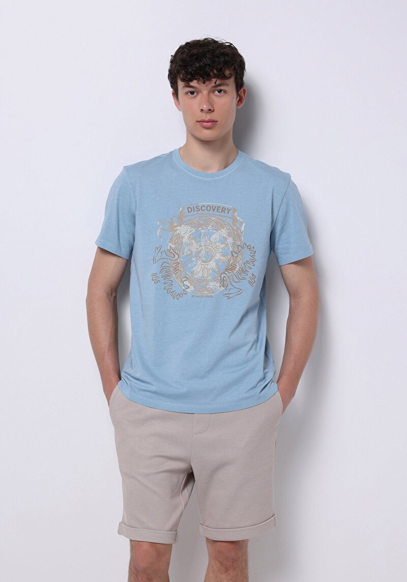 Imagine a Regular Fit Round Neck Drept Bărbați Albastru Tricou Cu Mânecă Scurtă