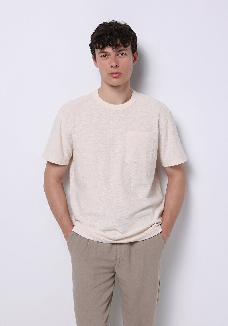 Imagine a Comfort Fit Round Neck Drept Tricou Cu Mânecă Scurtă Ecru Pentru Bărbați