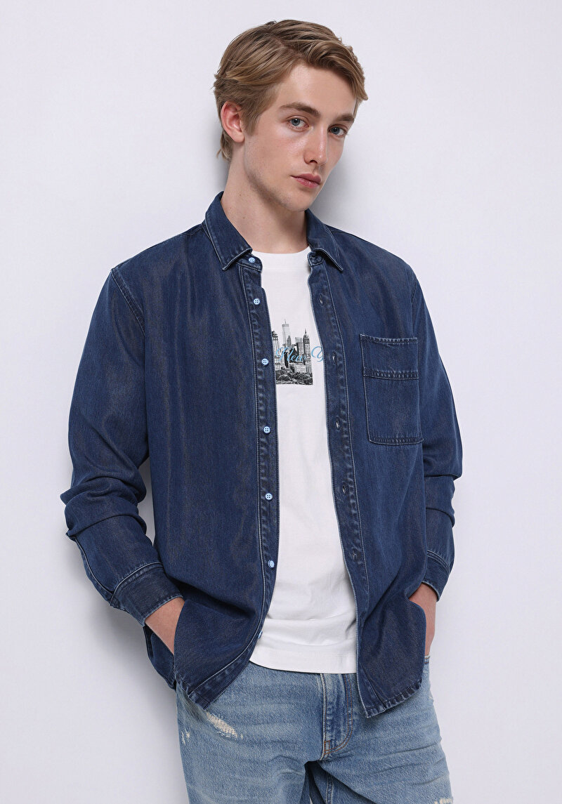 Imagine a Regular Fit Classic Collar Drept Cămașă Albastră Cu Mânecă Lungă Pentru Bărbați