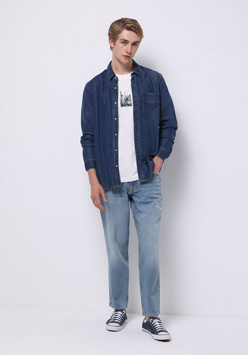 Imagine a Regular Fit Classic Collar Drept Cămașă Albastră Cu Mânecă Lungă Pentru Bărbați