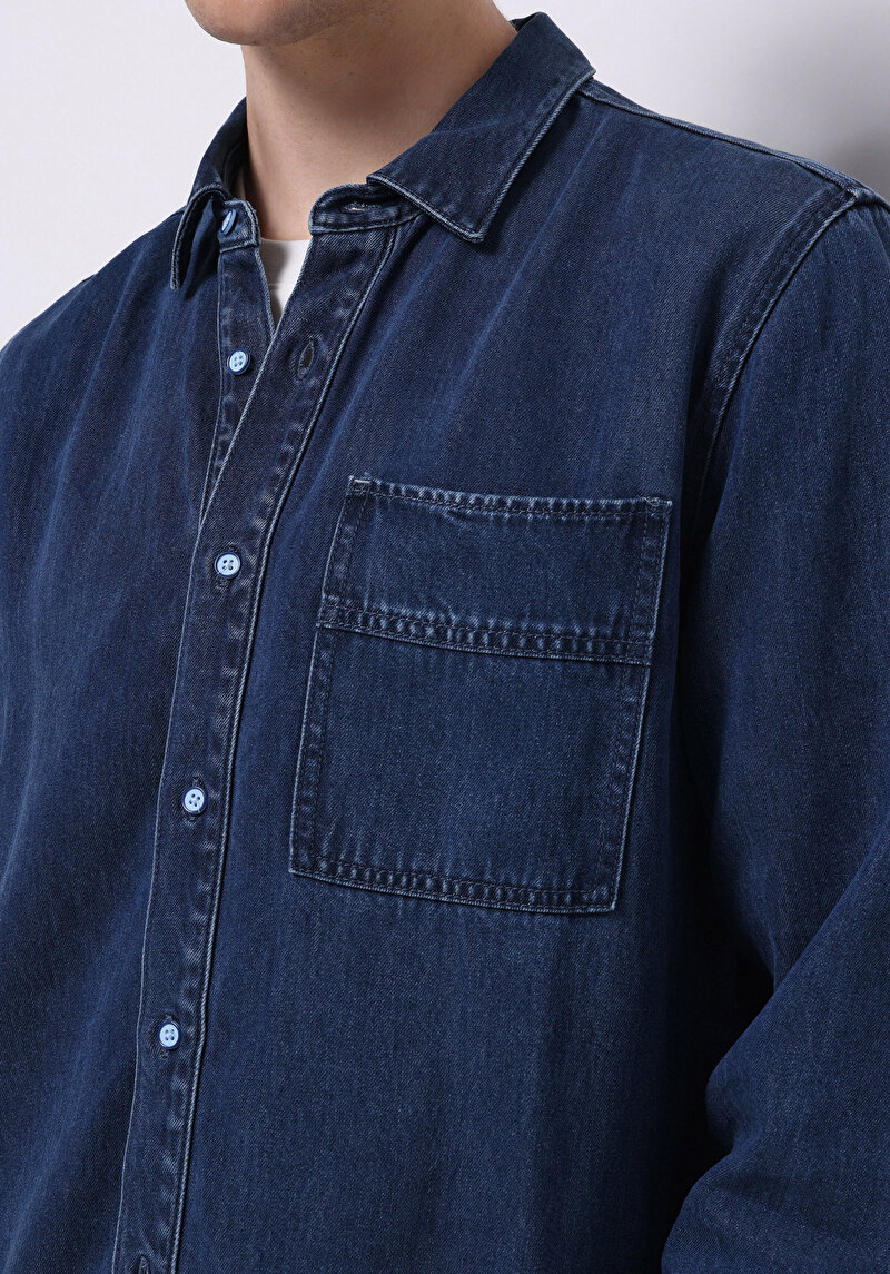 Afișați detalii pentru Regular Fit Classic Collar Drept Cămașă Albastră Cu Mânecă Lungă Pentru Bărbați